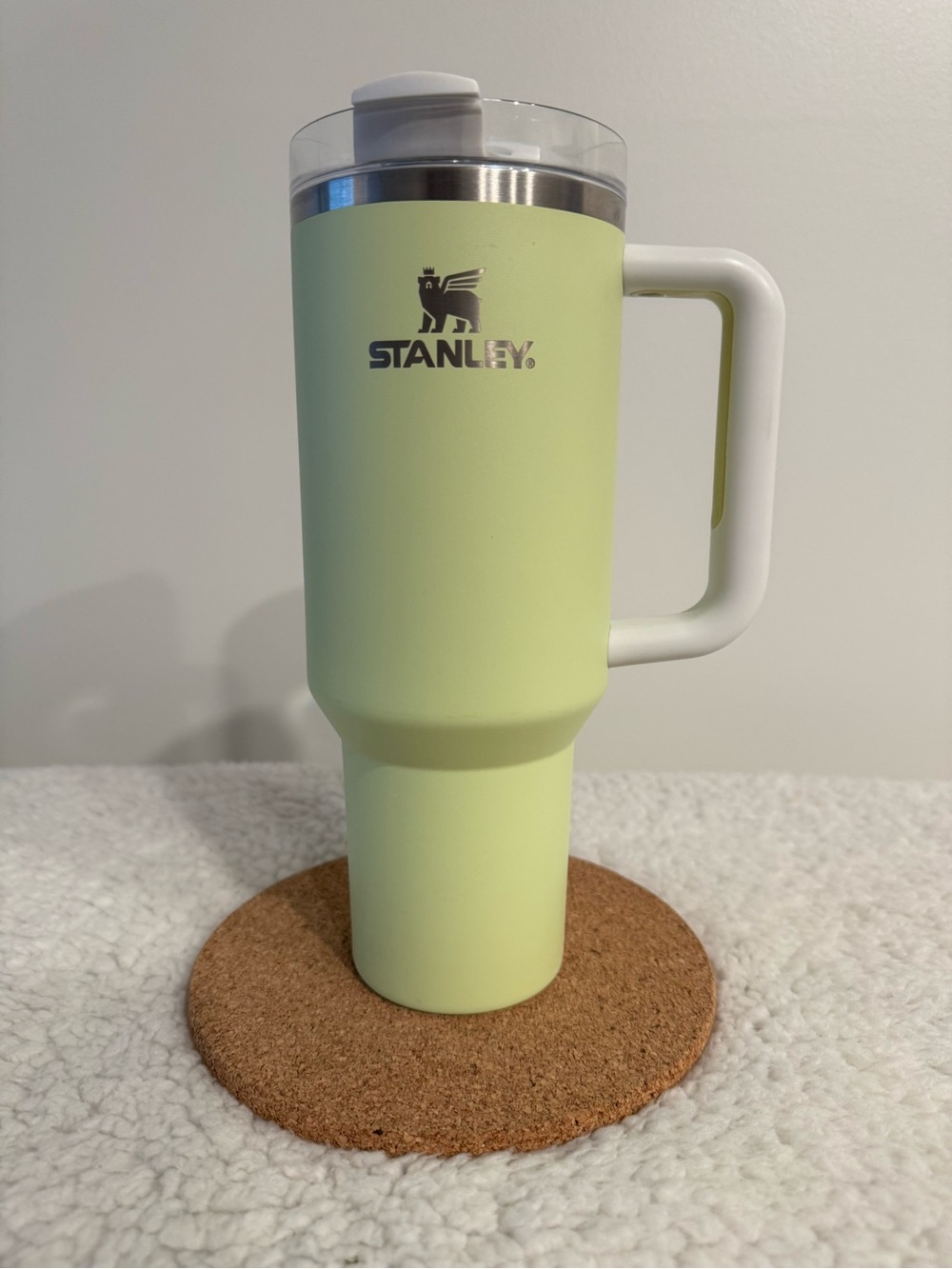 Stanley Light Green Travel Tumbler with White Handle